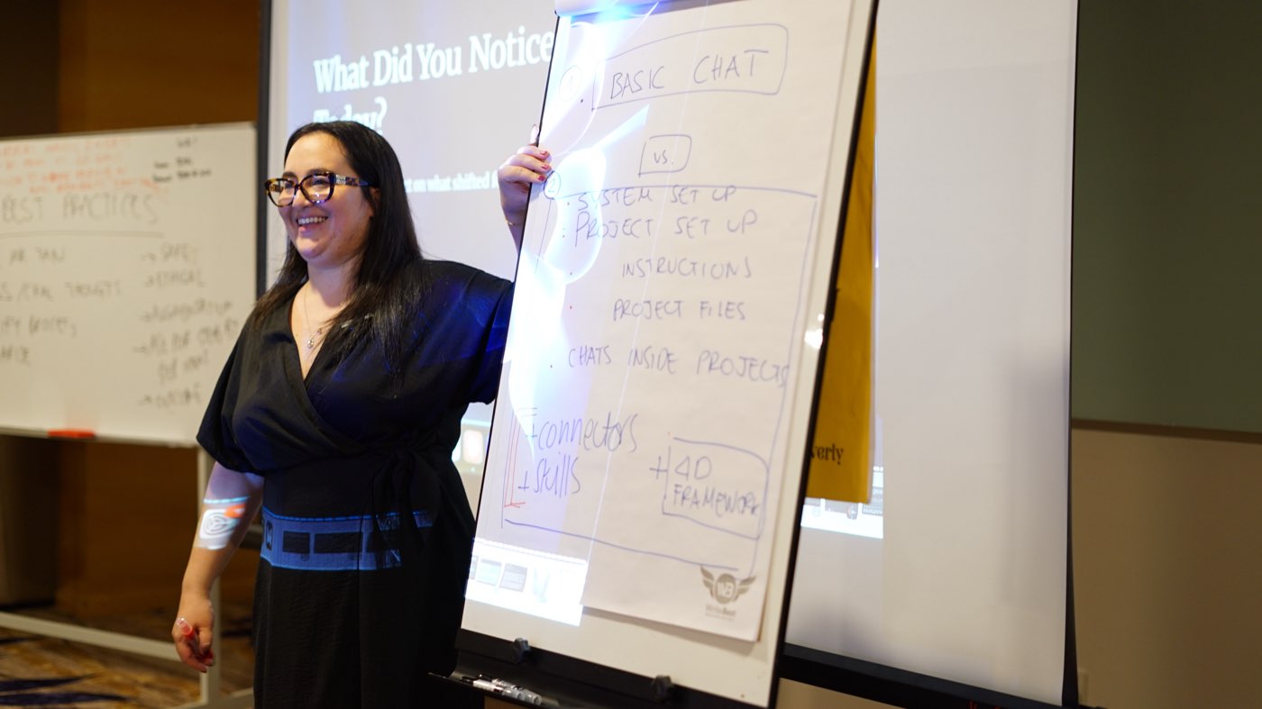 Sylvia Avila facilitating an AI adoption workshop for a corporate team in Malaysia